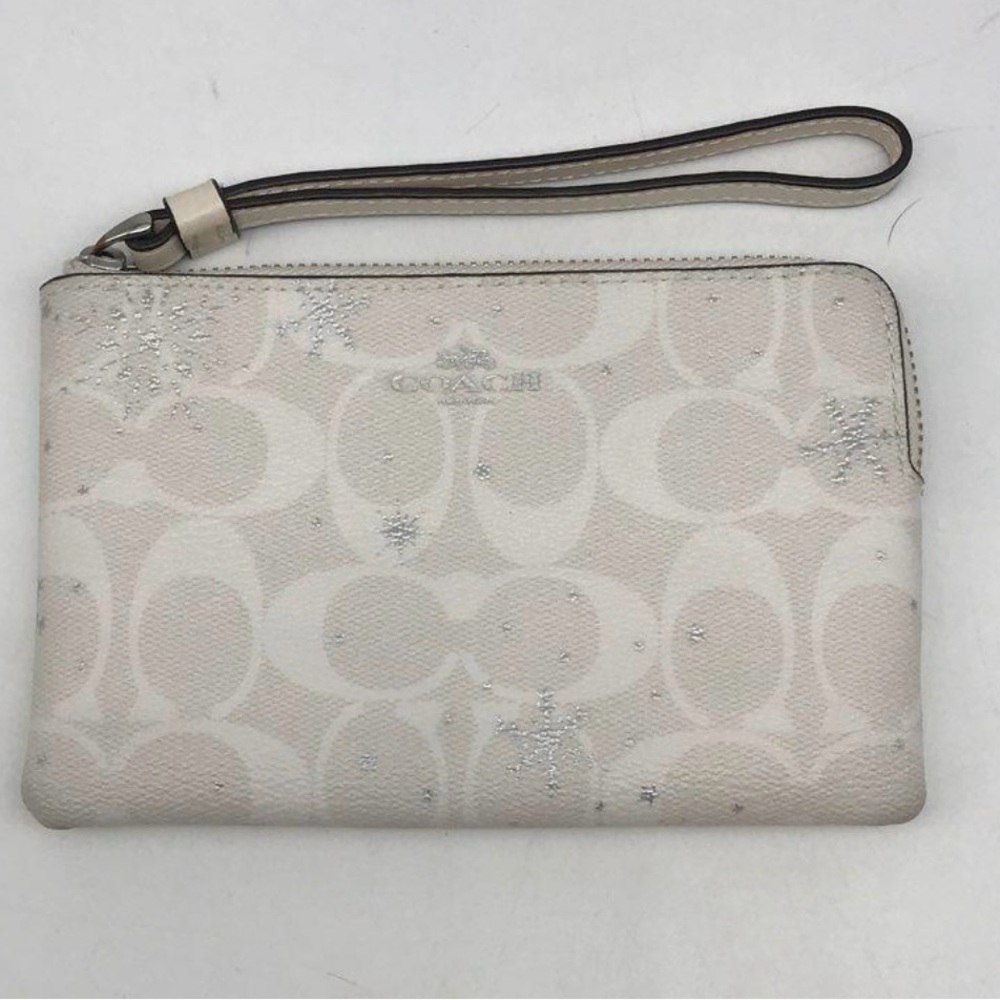 Coach Beige and Silver Snowflake Print Wristlet